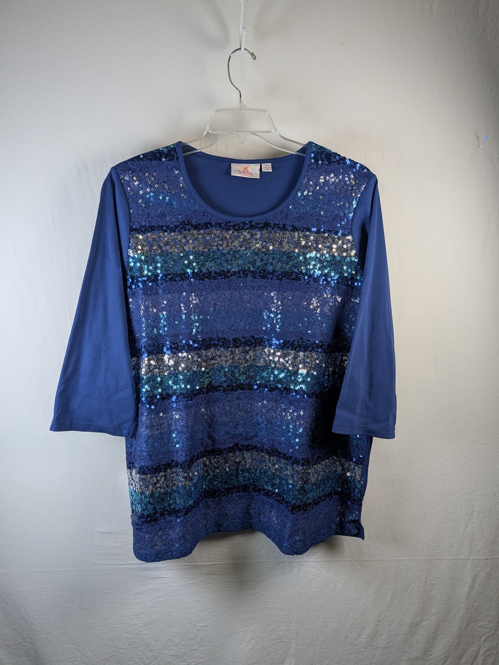 Quacker Factory Womens Top - 2X - Blue Lace Sequin Striped Scoop Neck 3/4